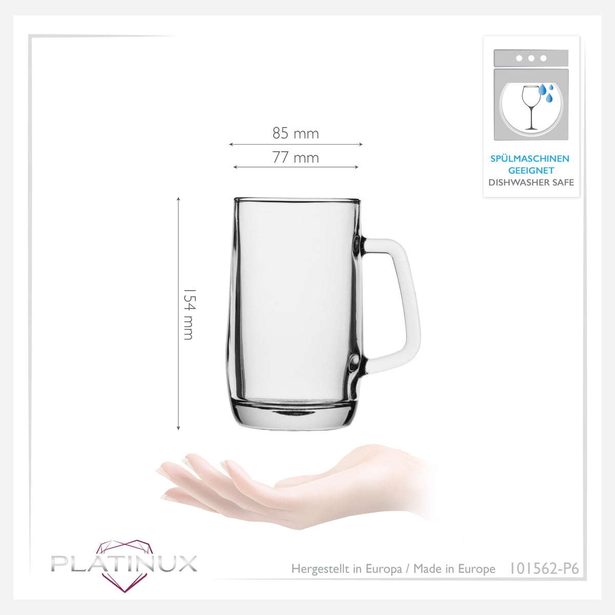 PLATINUX kufel do piwa z uchem, zestaw 6-częściowy, 500 ml (maks. 580 ml), szklany