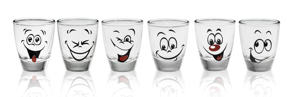 PLATINUX Kieliszki Shot z zabawnymi buźkami Zestaw 6 sztuk 2,5cl Kieliszki karnawałowe Kieliszki do wódki Szklane kieliszki