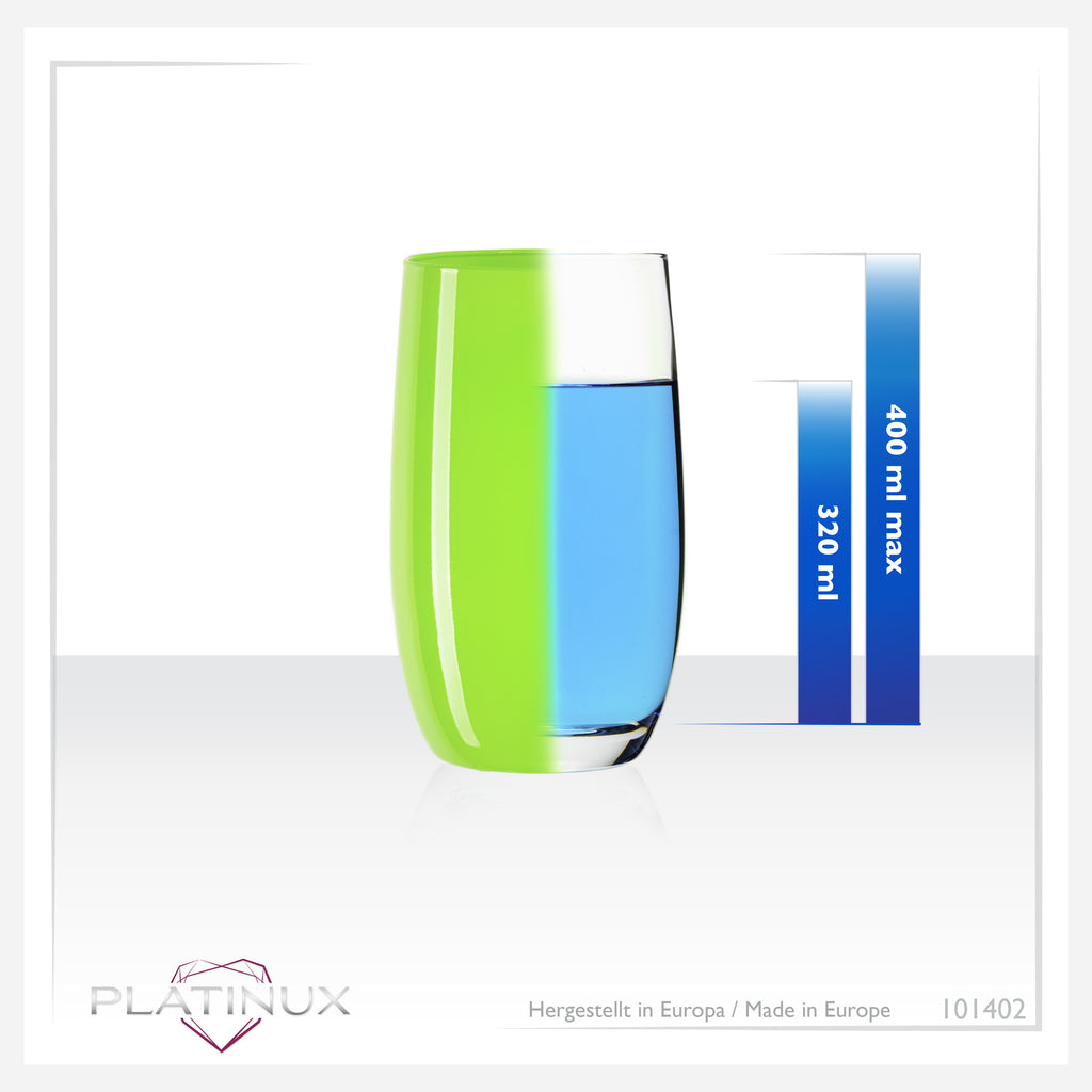 PLATINUX Kolorowe Eleganckie Szklanki 320ml (max. 400ml) Zestaw 6 Sztuk Szklanki do Wody, Szklanki do Soków