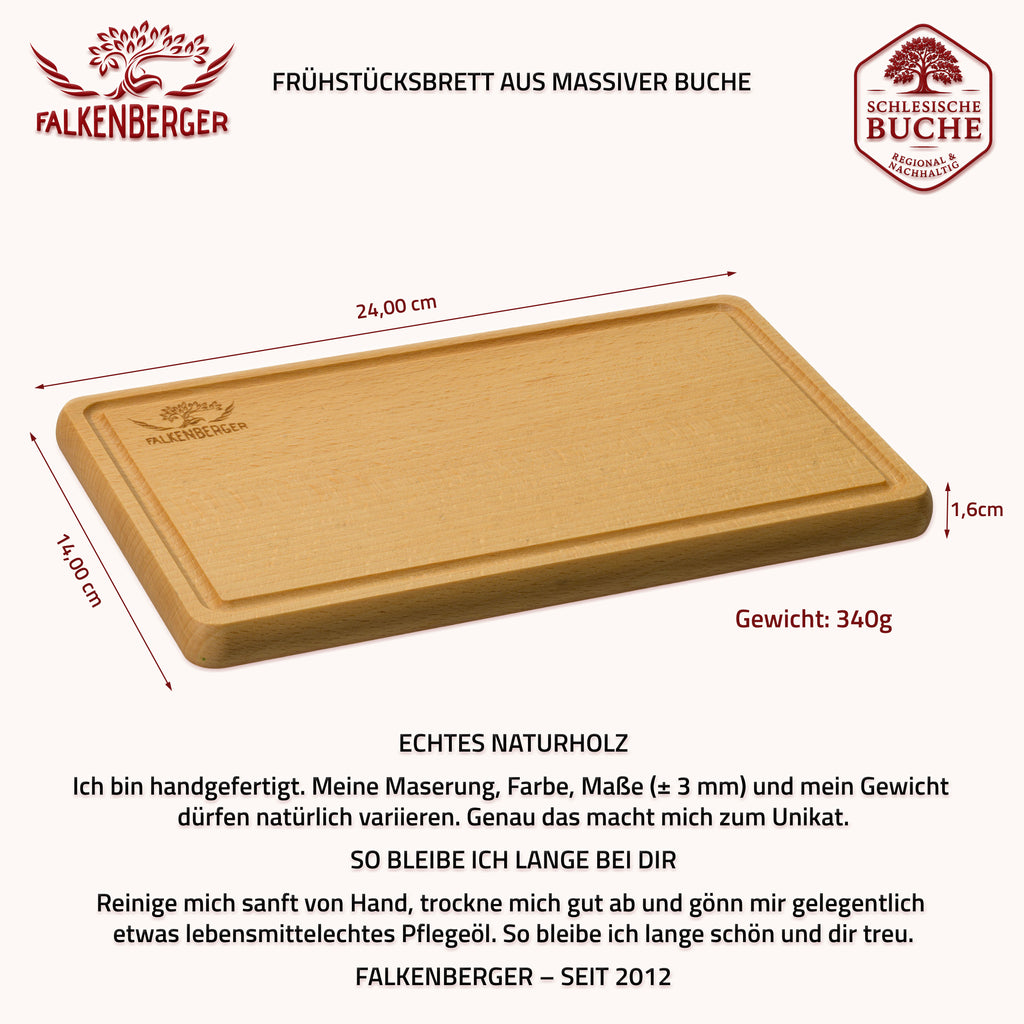 FALKENBERGER Frühstücksbrettchen 2er Set massive Buche, 24 × 14 × 1,6 cm Handgefertigt