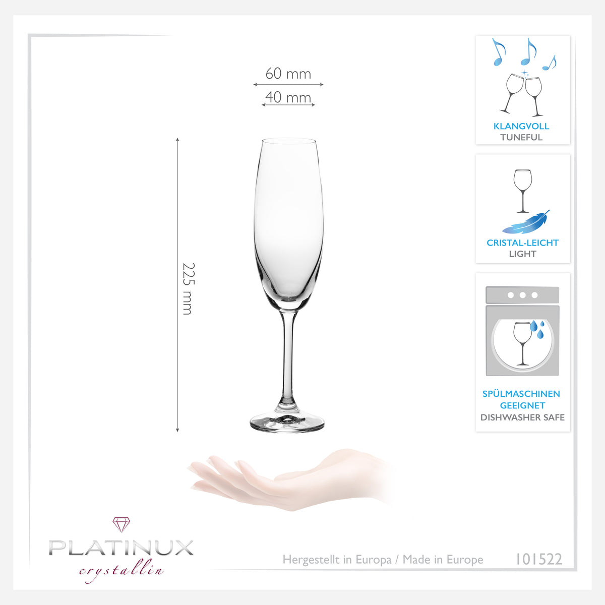 PLATINUX Kieliszki do szampana 170ml (maks. 200ml) Kieliszki do szampana ze szkła krystalicznego Zestaw 6-częściowy Można myć w zmywarce