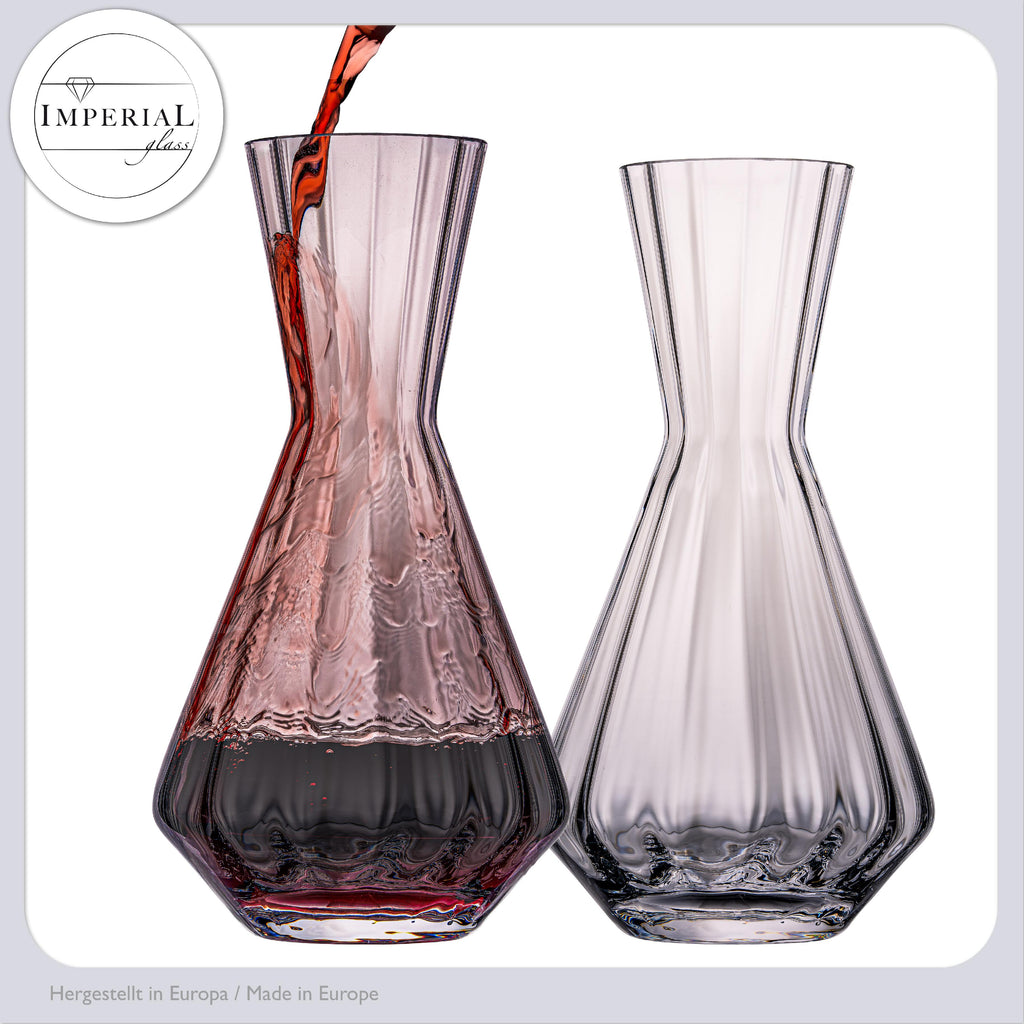 IMPERIAL szklana karafka do wina 1200 ml, zestaw 2 sztuk, ręcznie wykonana z kryształowego szkła o falistej fakturze "Cali/London"