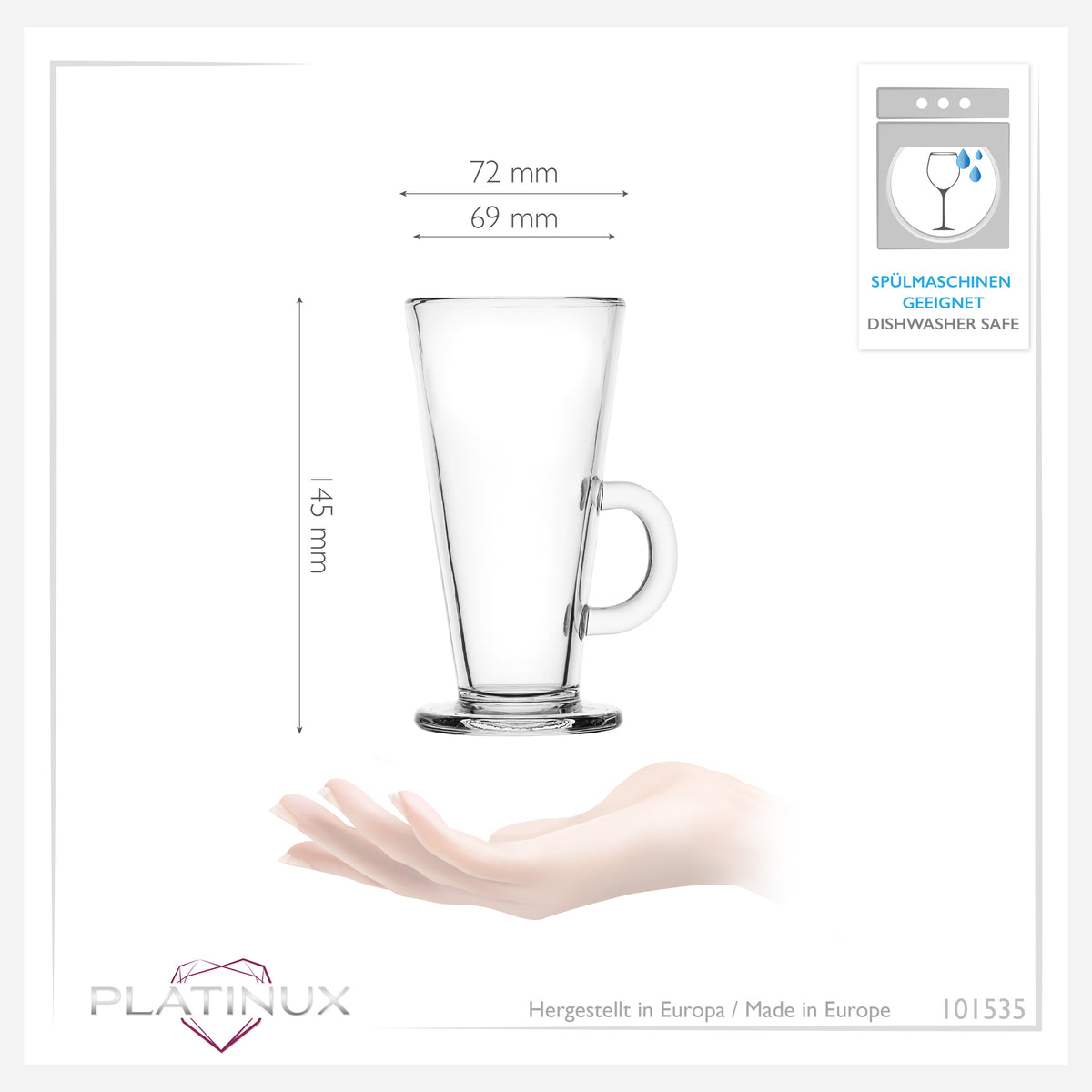PLATINUX Szklanki do kawy z uchem 270ml Zestaw 6-częściowy ze szkła Szklanki do herbaty Szklanka do kawy mrożonej