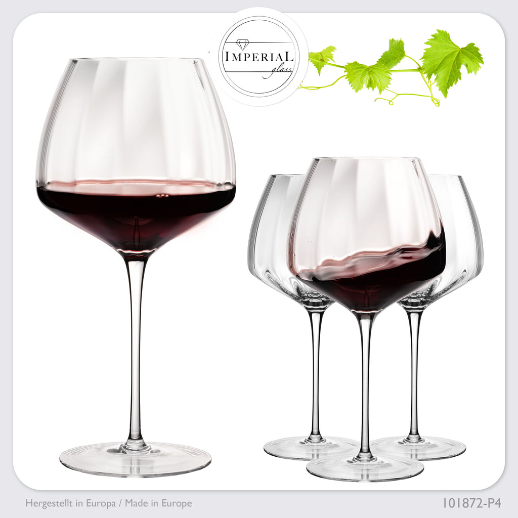 IMPERIAL glass Große Rotweingläser gewellt 930ml Set 4-Teilig "Cali" Bauchige Burgundergläser aus Crystalline Glas Handmade