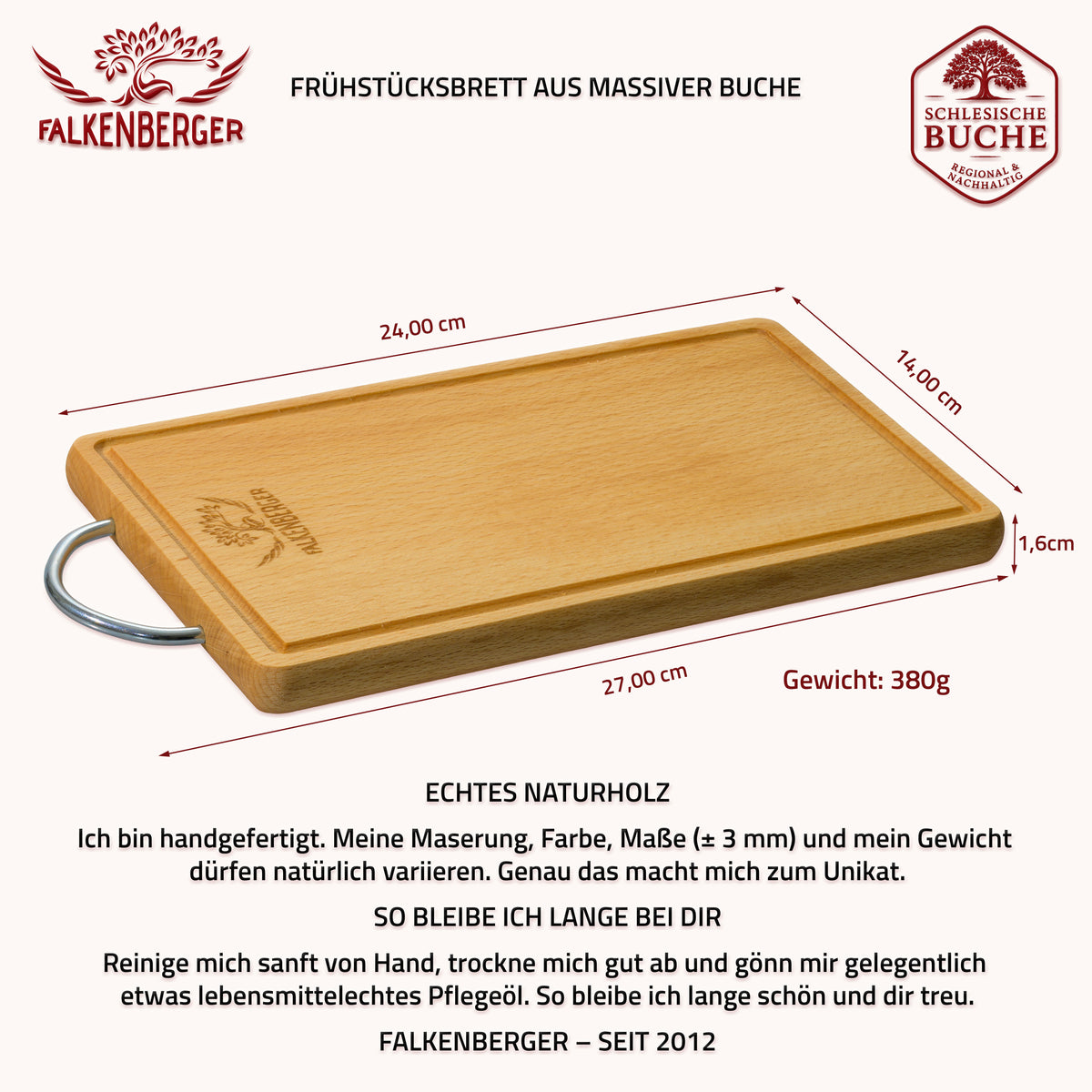 FALKENBERGER Frühstücksbrettchen 2er Set massive Buche, 24 × 14 × 1,6 cm Handgefertigt