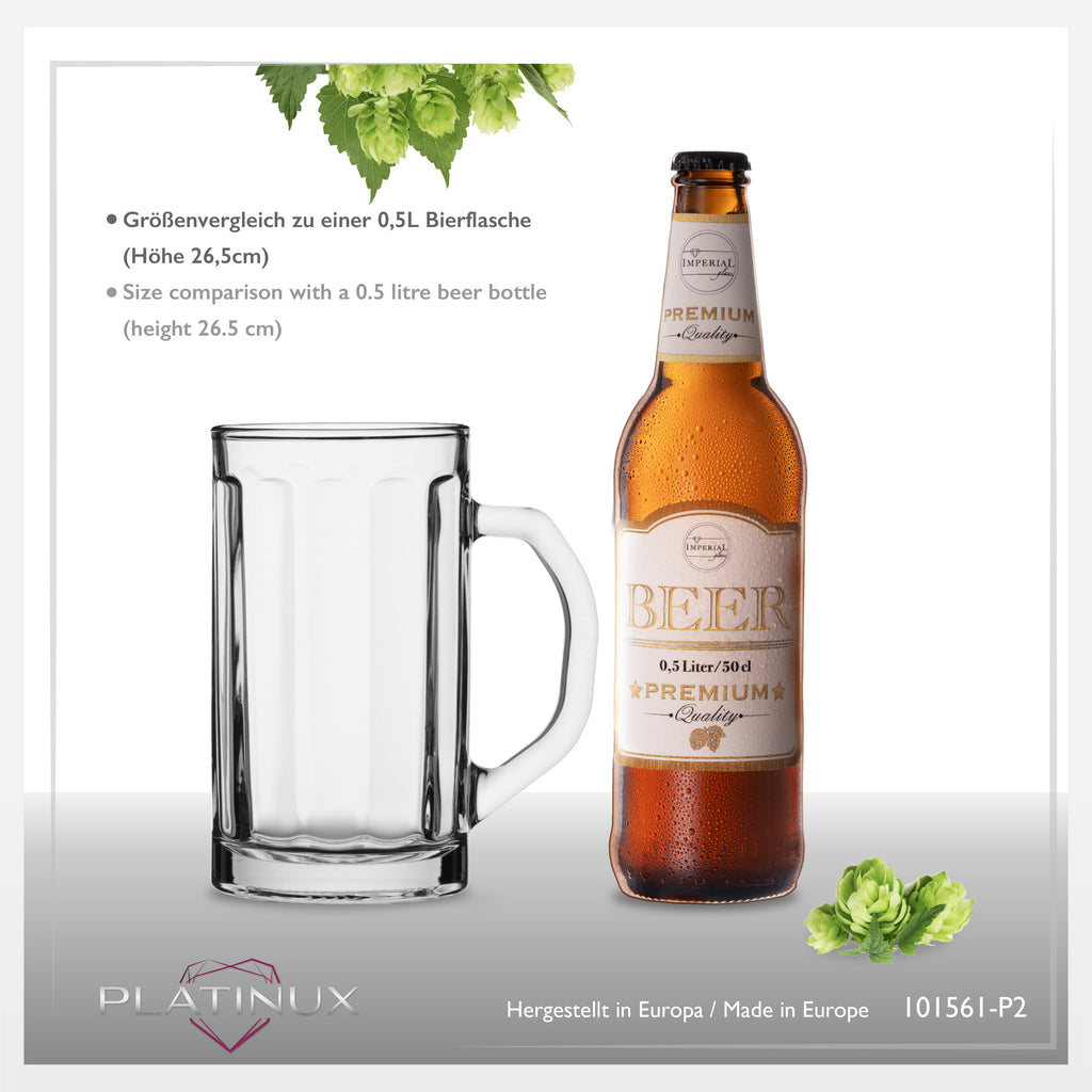 PLATINUX Szklany kufel do piwa z uchem, zestaw 2 sztuk, 500ml (maks. 650ml)