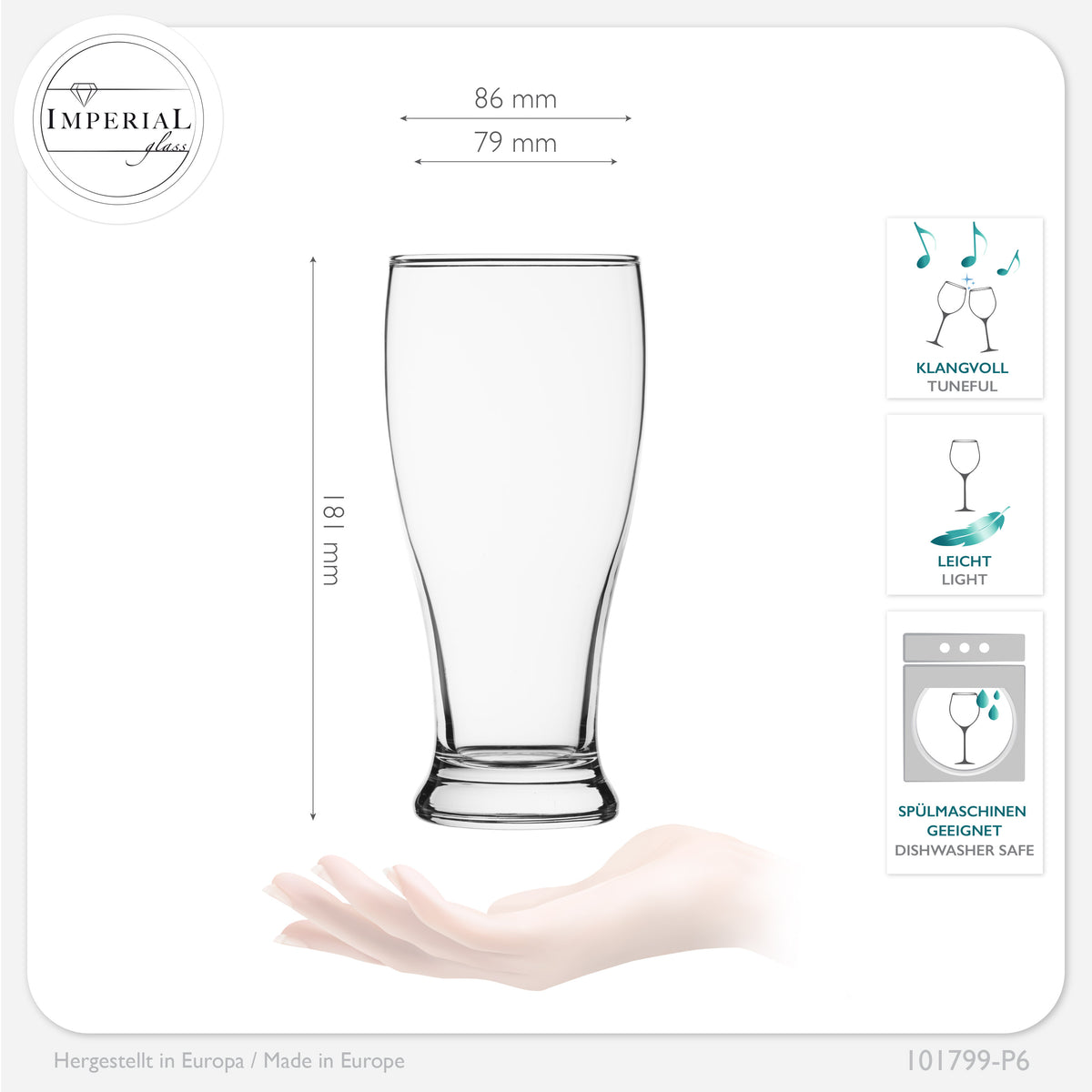 IMPERIAL glass Weizengläser aus Crystalline Glas 500ml (max. 550ml) Set 6 Stück Biergläser 0,7L