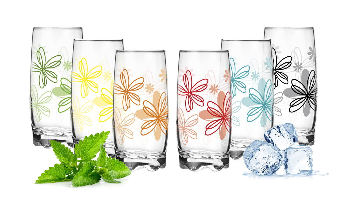 PLATINUX Szklanki z kwiatowym dekorem Zestaw 6-częściowy 350ml (maks.390ml) Szklanki do wody Szklanki do soków z profilowanym dnem