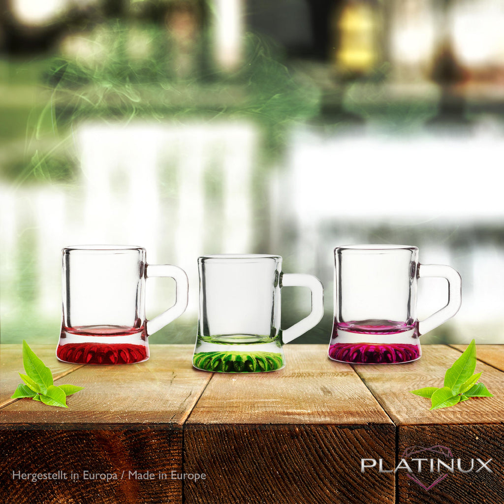 PLATINUX Kieliszki do wódki z uchem, zestaw 6 sztuk, 2 cl, kufle do wódki, kieliszki imprezowe, szklane kieliszki do wódki, mini kufle do piwa, kieliszki typu „shot”