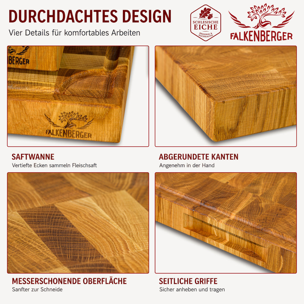 FALKENBERGER Stirnholz Schneidebrett aus massiver Eiche 50 × 35 × 4 cm XL Handgefertigt