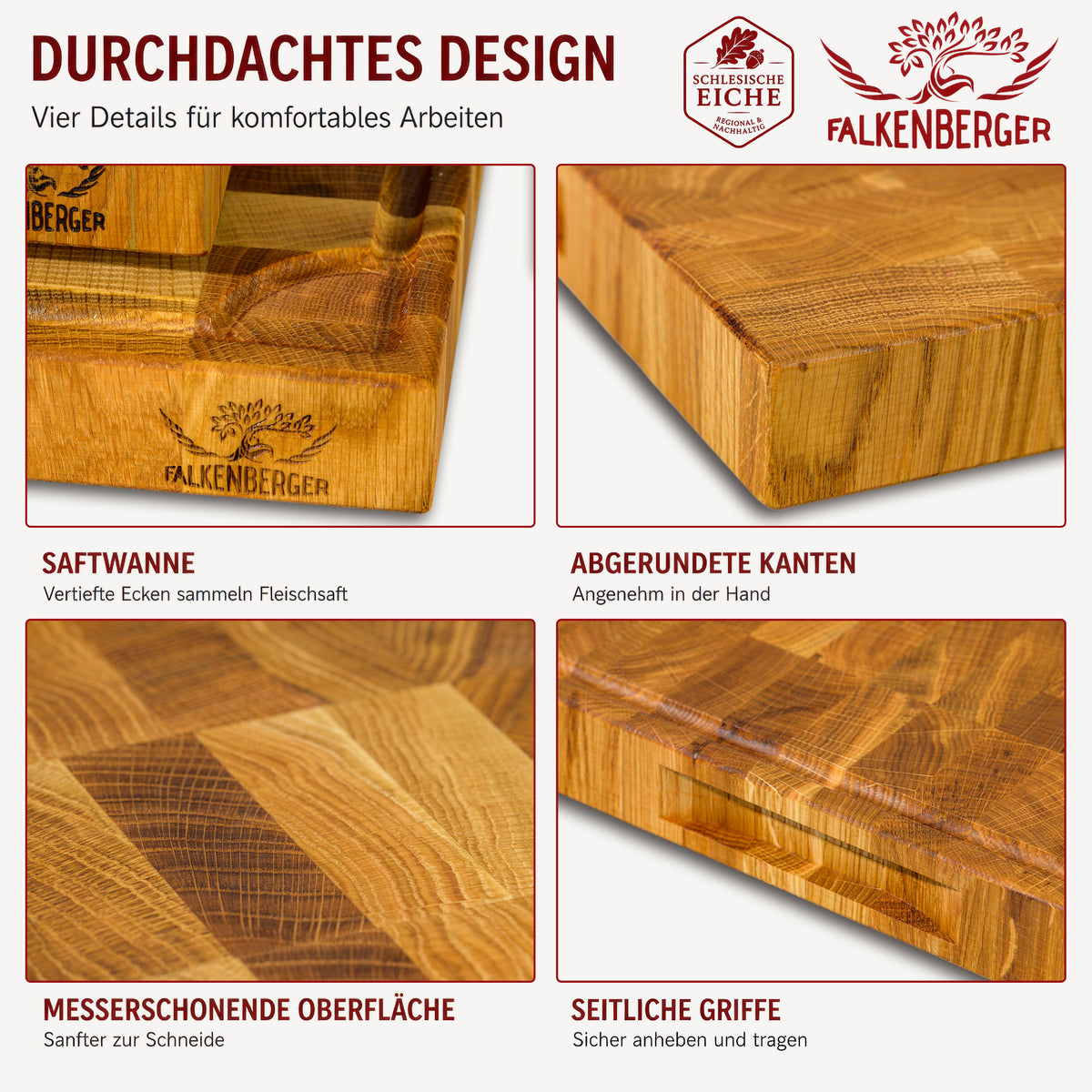 FALKENBERGER Stirnholz Schneidebrett aus massiver Eiche 50 × 35 × 4 cm XL Handgefertigt