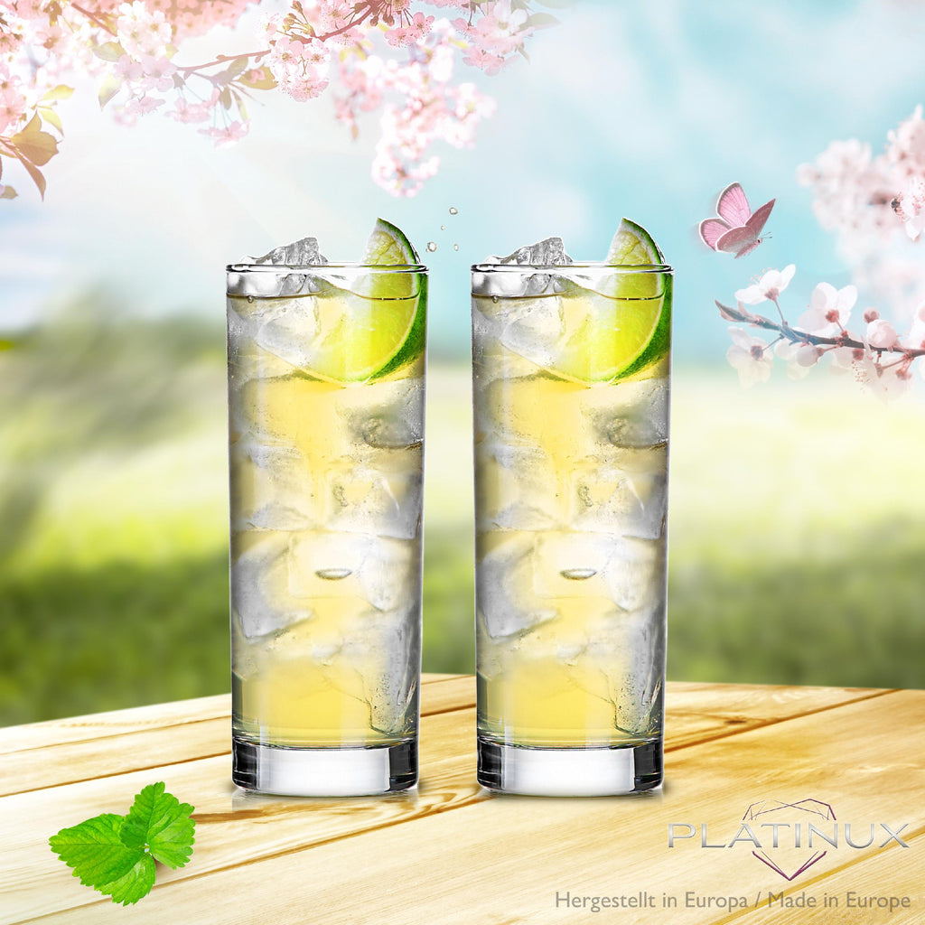 PLATINUX Wysokie szklanki do picia ze szkła 340ml (maks. 350ml) Zestaw 6-częściowy Szklanki do wody Szklanki do soku