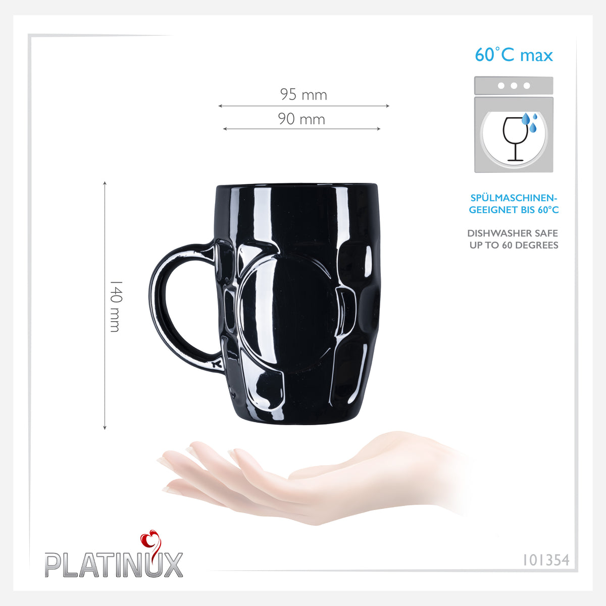 PLATINUX Czarne Szklanki do Piwa 500ml z Uchwytem Zestaw 6 Szklanych Kufli z Ornamentem