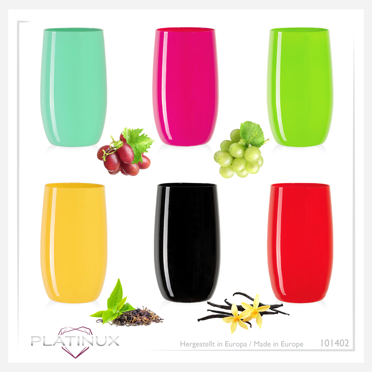 PLATINUX Kolorowe Eleganckie Szklanki 320ml (max. 400ml) Zestaw 6 Sztuk Szklanki do Wody, Szklanki do Soków