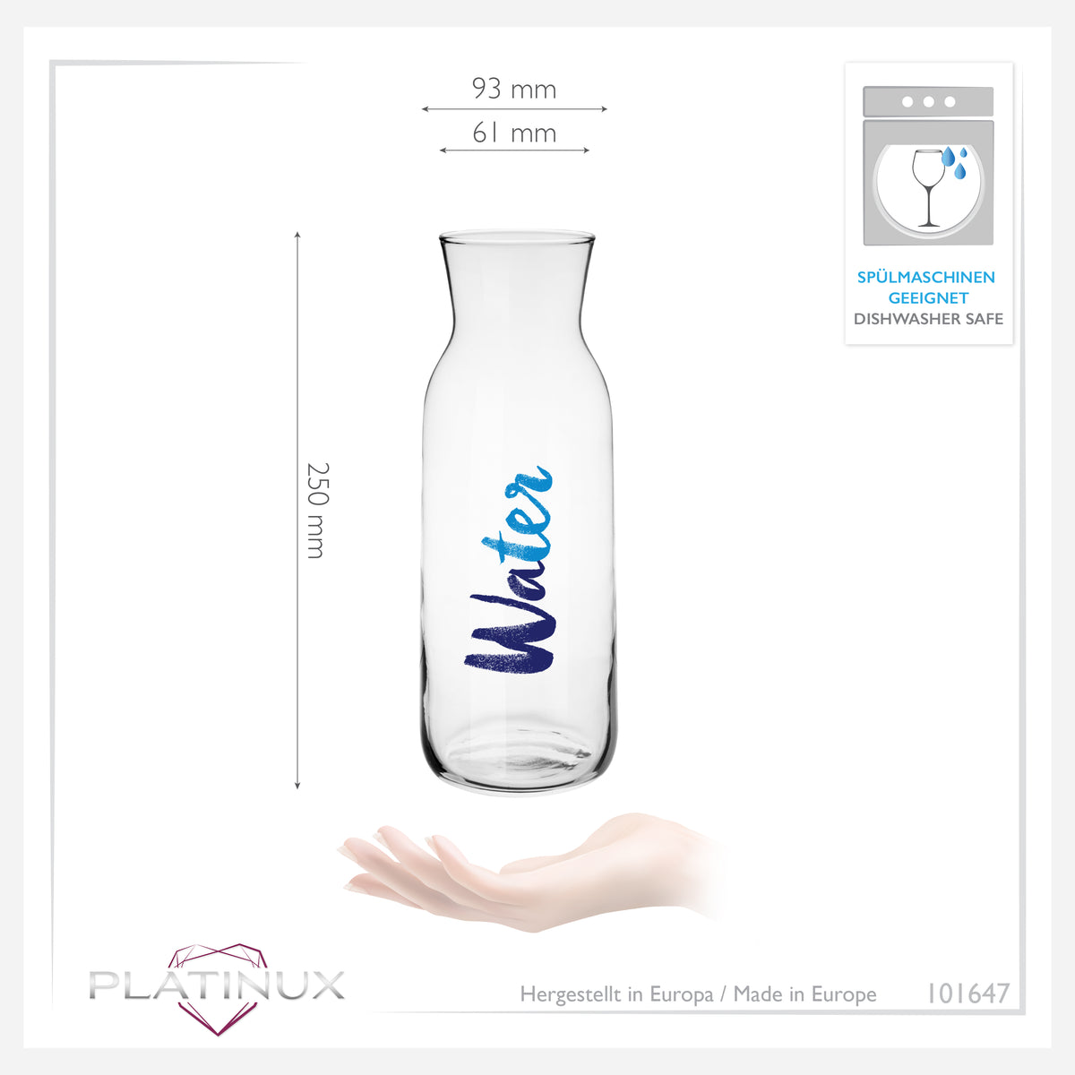 PLATINUX Karafka szklana z nadrukiem Water 1000ml (maks. 1200ml) Karafka na wodę