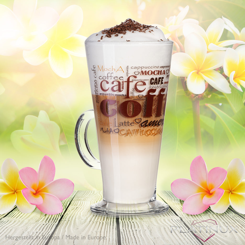 PLATINUM Szklanki do kawy z motywem maks. 280ml zestaw 6 sztuk szklanych szklanek do Latte Macchiato z uchwytem szklanki do Cappuccino