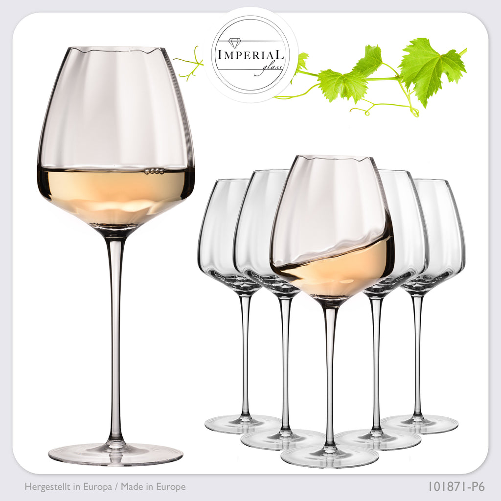 IMPERIAL glass Große Weißweingläser gewellt 650ml Set 6-Teilig "Cali" Bauchige Chardonnaygläser aus Crystalline Glas Handmade