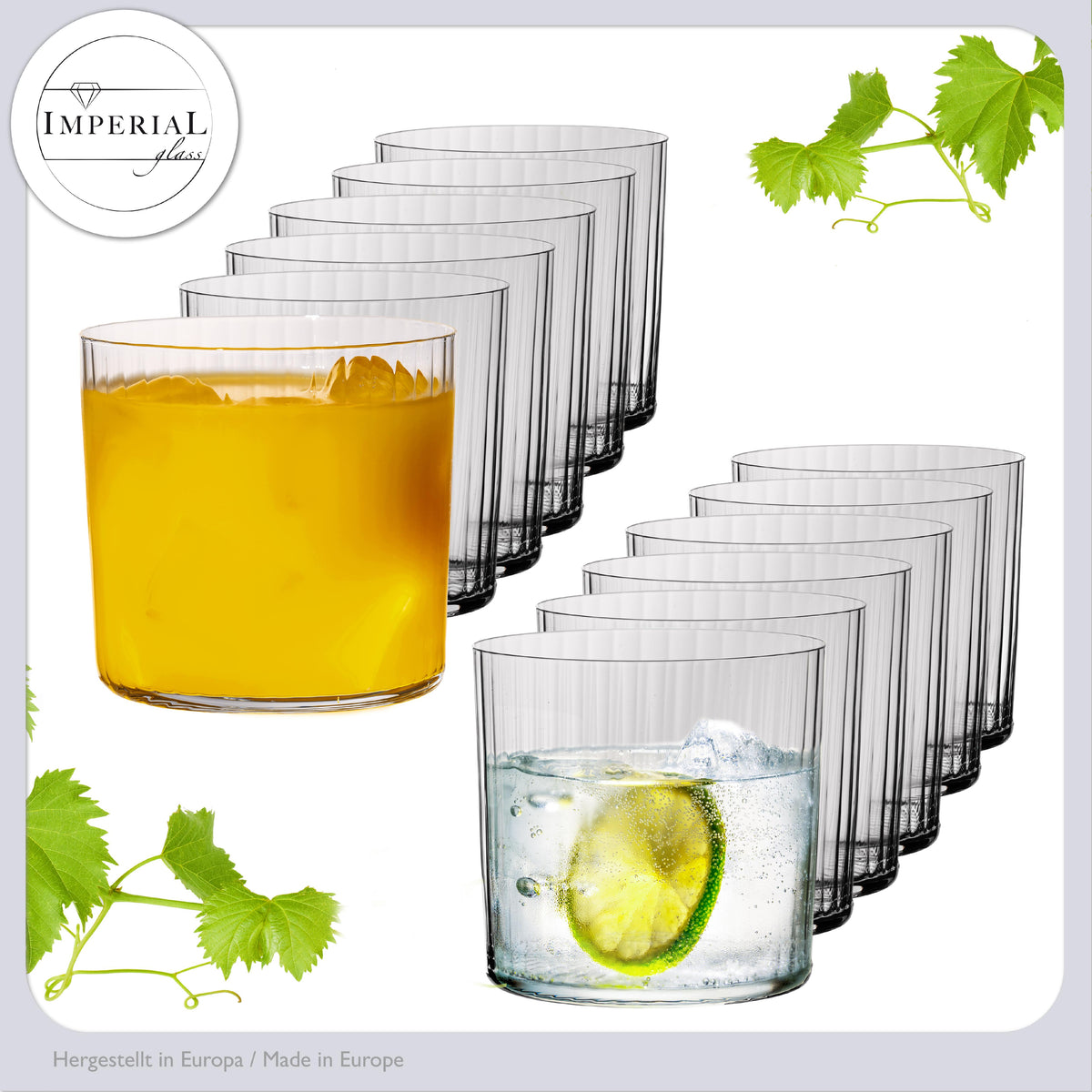 IMPERIAL Rifflowane szklanki do picia 350 ml, zestaw 12 sztuk, ze szkła kryształowego "London", można myć w zmywarce
