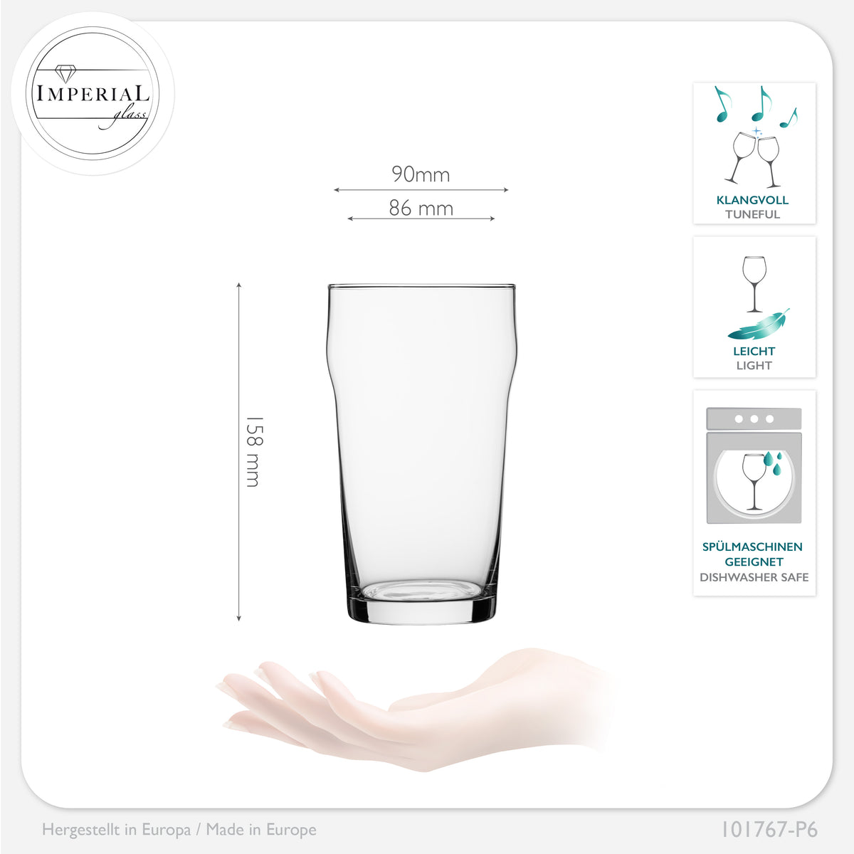 IMPERIAL glass Pint Biergläser Set 6 Stück 500ml (max. 700ml) aus Crystalline Glas Spülmaschinenfest