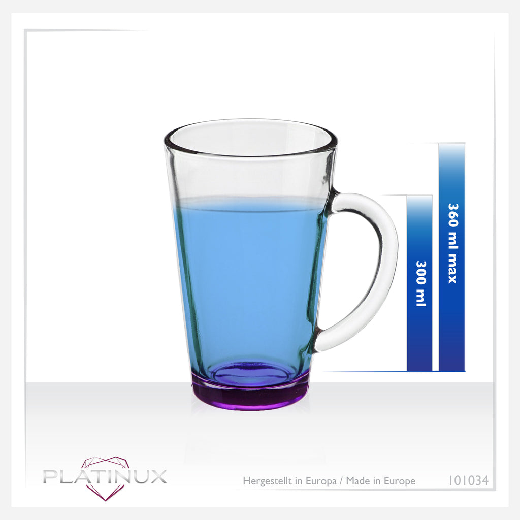 PLATINUX Kolorowe szklanki do kawy i herbaty z uchem 360ml Zestaw 6-częściowy Wielokolorowe szklanki do picia