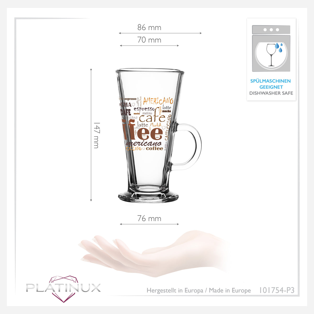 PLATINUX Szklanki do kawy z motywem, maks. 280 ml, 3-częściowy zestaw, szklane, do latte macchiato, z uchem, szklanki do cappuccino