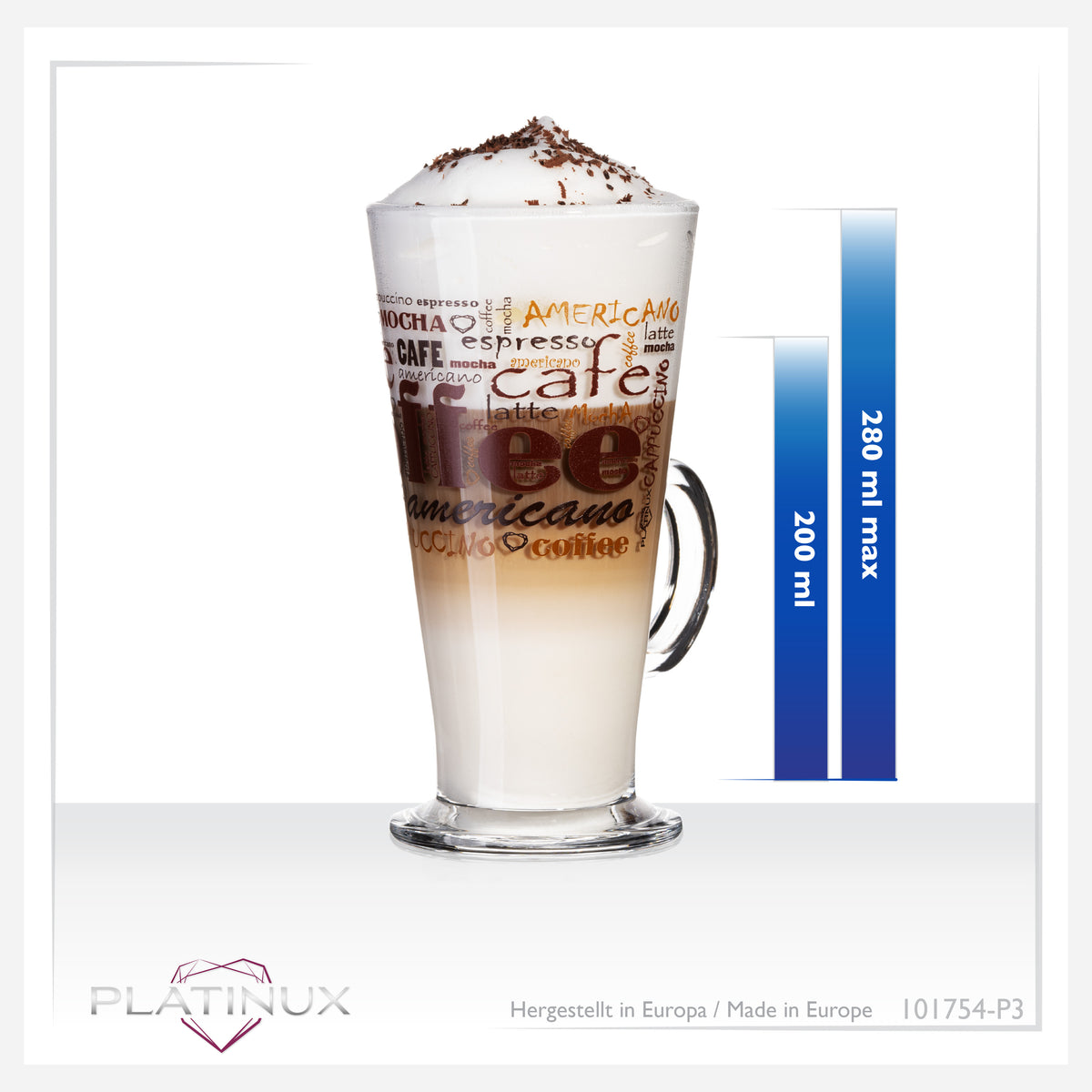 PLATINUX Szklanki do kawy z motywem, maks. 280 ml, 3-częściowy zestaw, szklane, do latte macchiato, z uchem, szklanki do cappuccino
