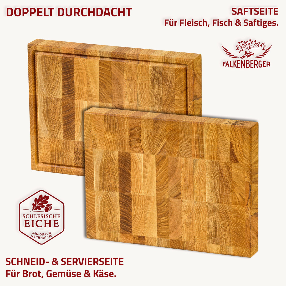 FALKENBERGER Stirnholz Schneidebrett aus massiver Eiche 32 × 24 × 4 cm M Handgefertigt