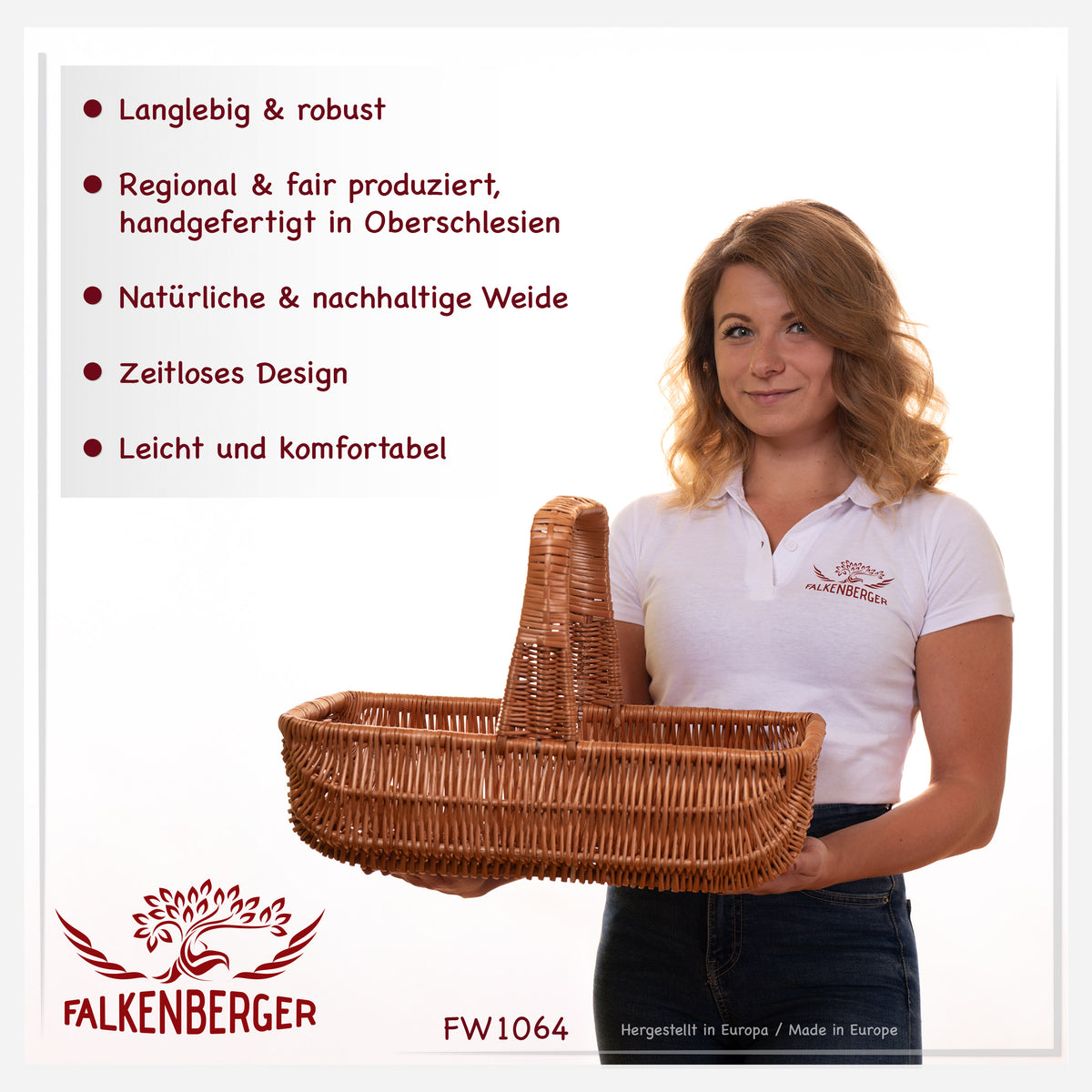 Koszyk wiklinowy FALKENBERGER pleciony "Carrier" ok. 48x30x31cm kosz na grzyby płaski rękodzieło