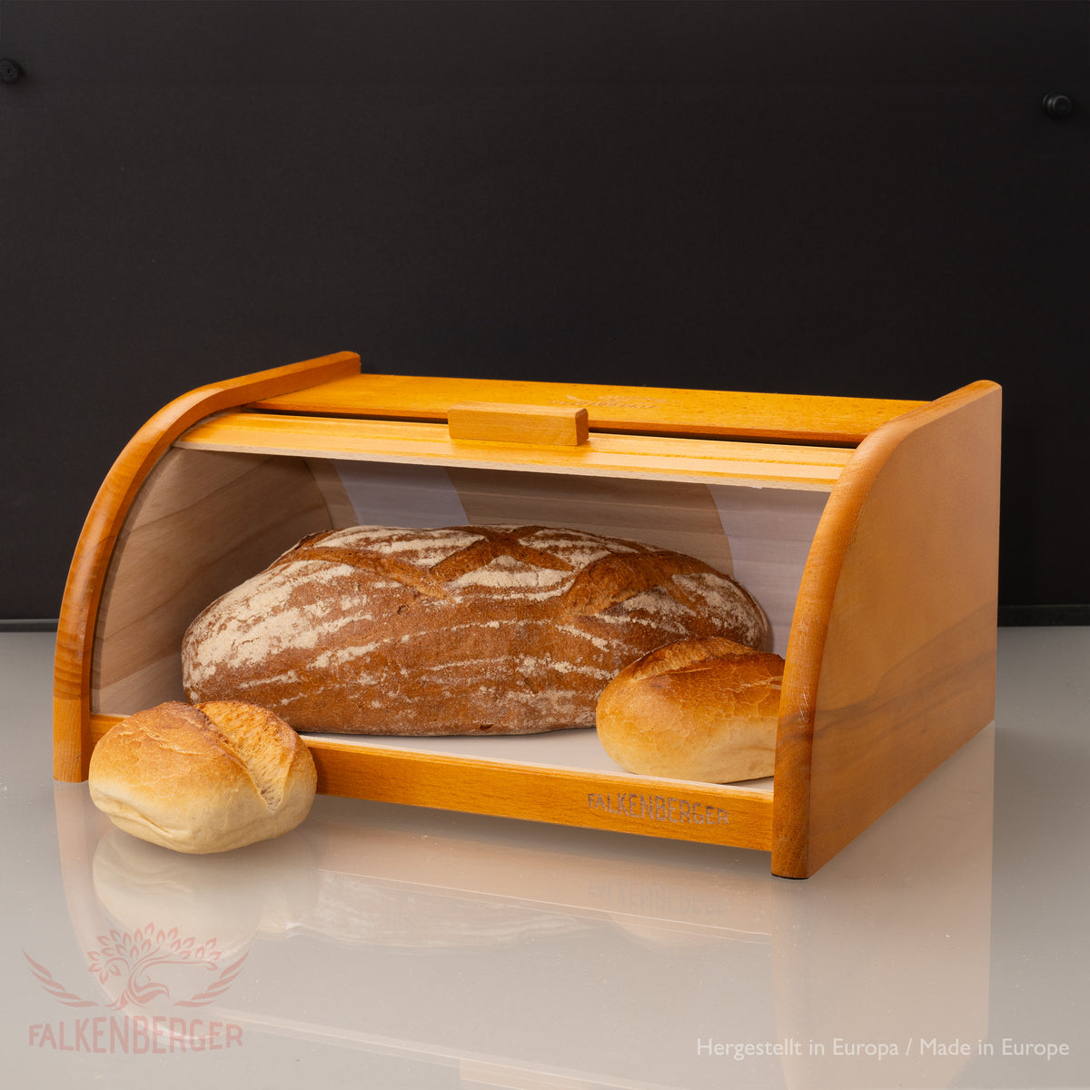 FALKENBERGER Chlebak drewniany ok. 39x29x18cm Pojemnik na chleb z rolowaną pokrywą, ręcznie robiony