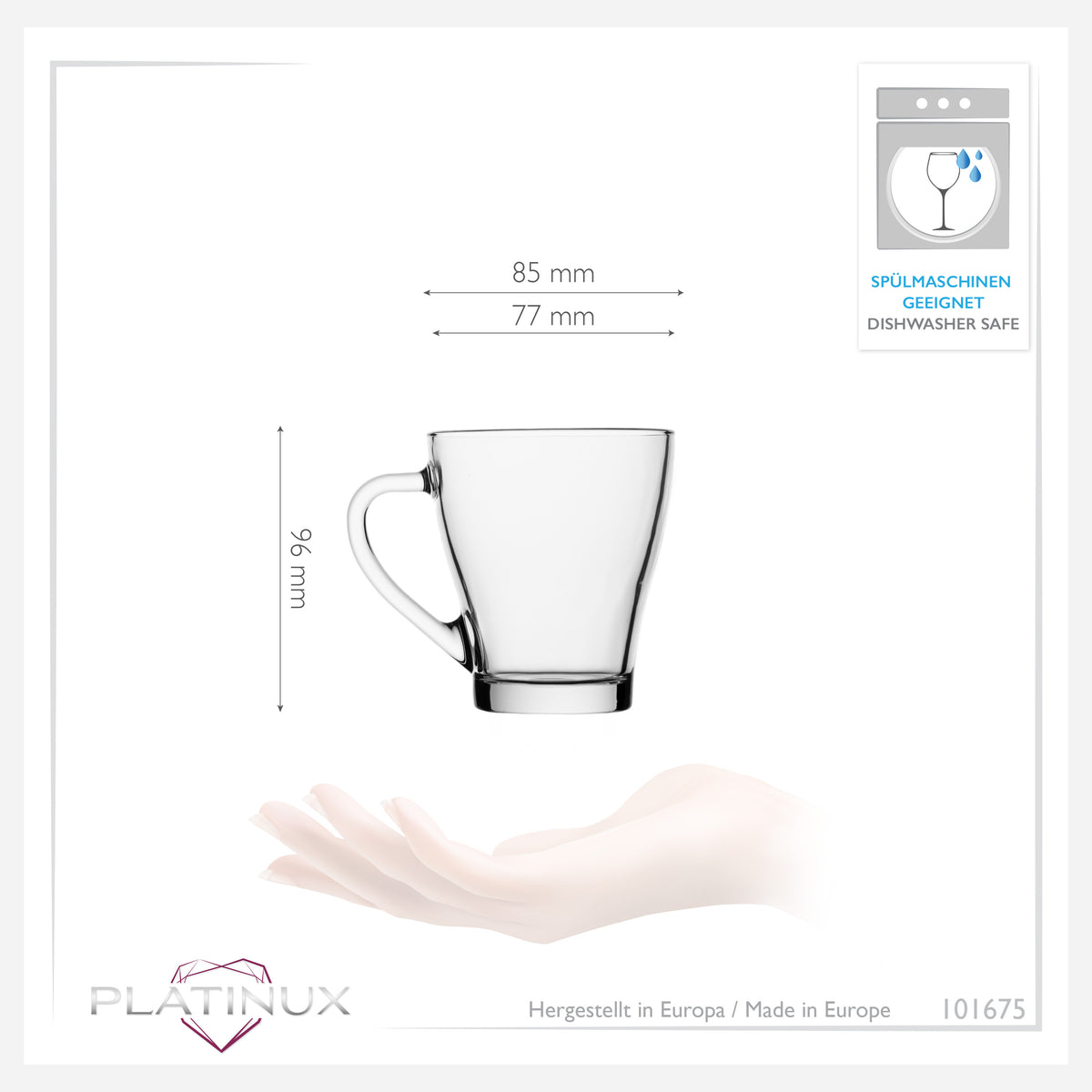 PLATINUX Szklanki do kawy, szklanki do herbaty z uchem, maks. 270 ml, zestaw 6 sztuk, szklane, do śniadania, szklanki do kawy, szklanki do picia