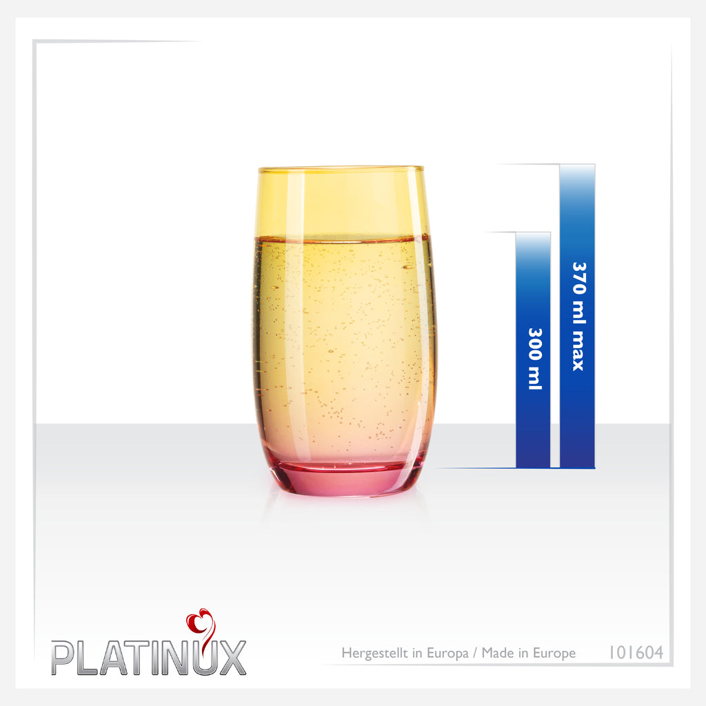 PLATINUX Szklanki Żółto-Różowe Szklane Kolorowe Zestaw 6 sztuk 300ml (max.370ml) Szklanki do wody