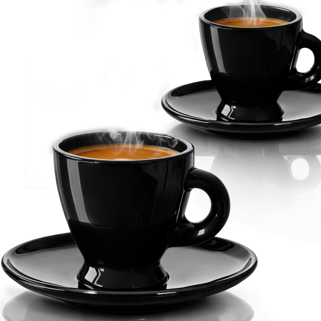 PLATINUX Zestaw filiżanek do espresso – 2 czarne szklanki do espresso ze spodkami szklane 93 ml – Szklanki do kawy Filiżanki