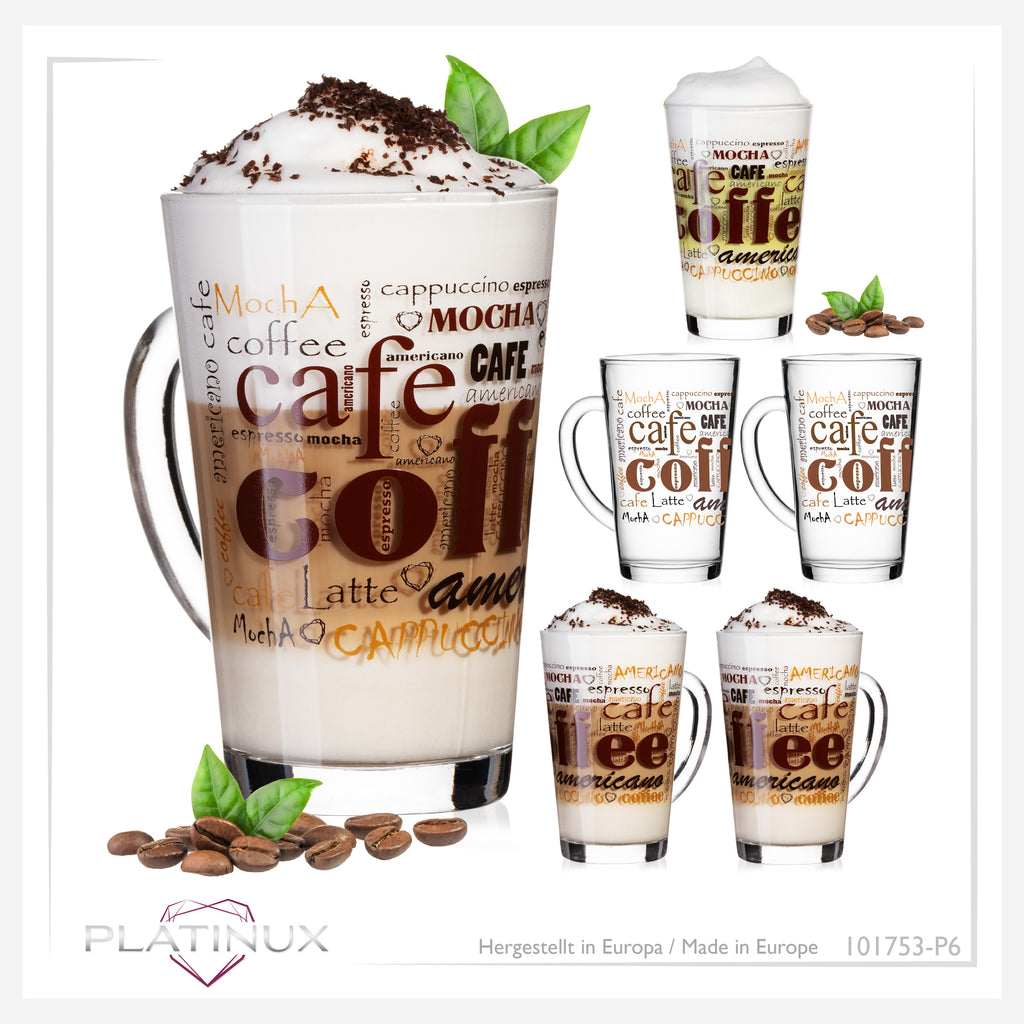 PLATINUX Szklanki do kawy z motywem maks. 350ml, zestaw 6 sztuk, ze szkła, szklanki do Latte Macchiato z uchem, szklanki do Cappuccino