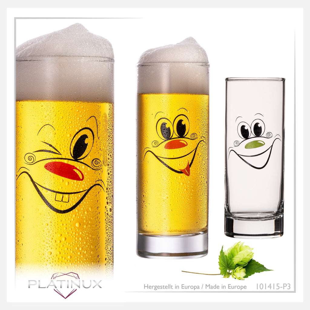 PLATINUX Szklanki do Kölscha ze szkła 300 ml (maks. 335 ml) Zestaw 3-częściowy z zabawnymi buźkami Szklanki do piwa