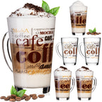 PLATINUX Szklanki do kawy z motywem maks. 350ml, zestaw 6 sztuk, ze szkła, szklanki do Latte Macchiato z uchem, szklanki do Cappuccino