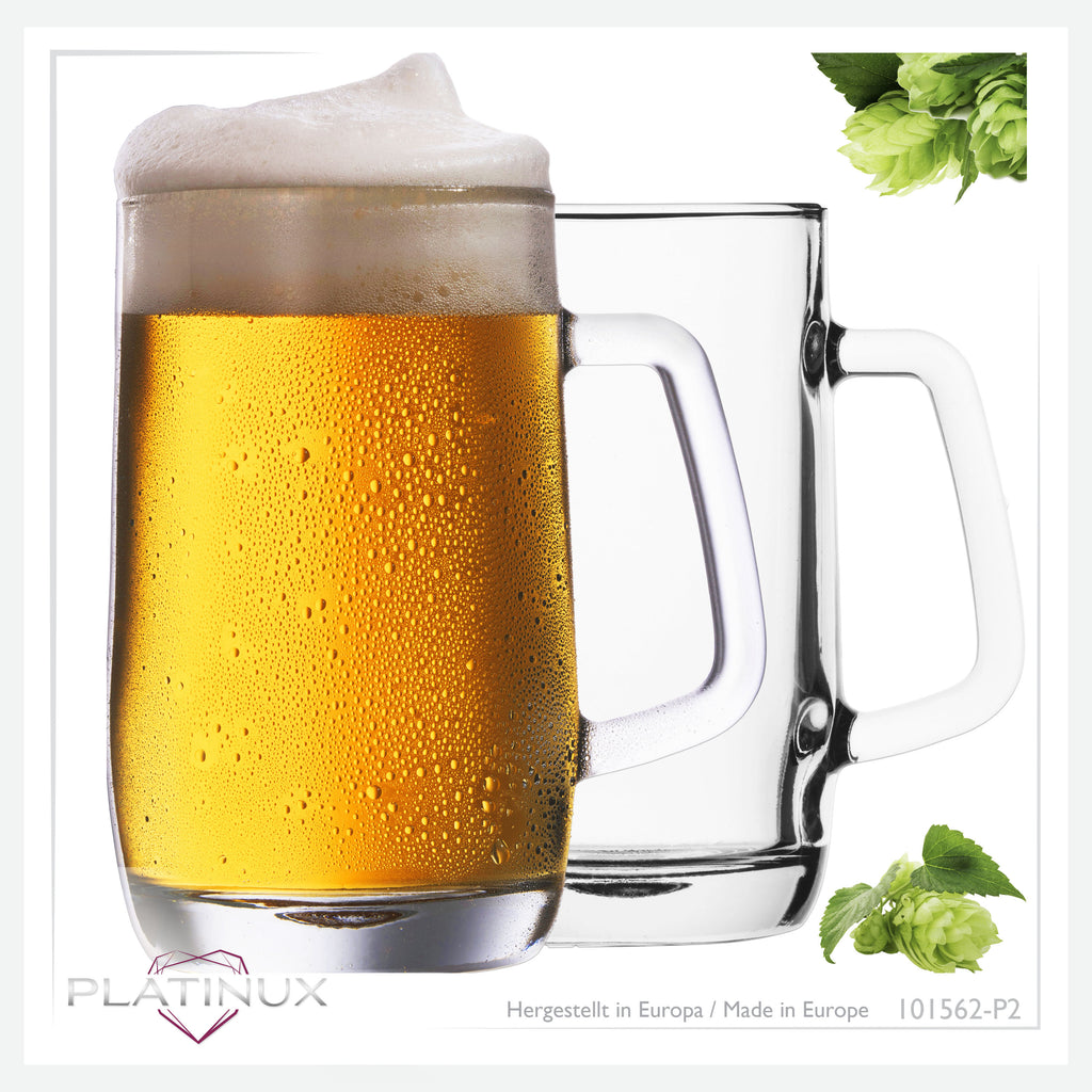 PLATINUX Zestaw dwóch szklanych kufli do piwa z uchem 500ml (maks. 580ml)
