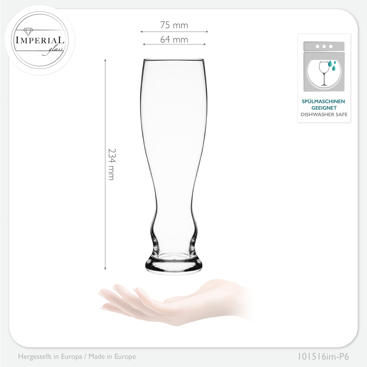 IMPERIAL glass Weizengläser 500ml (max. 600ml) Set 6-Teilig aus Glas 0,5L Spülmaschinenfest