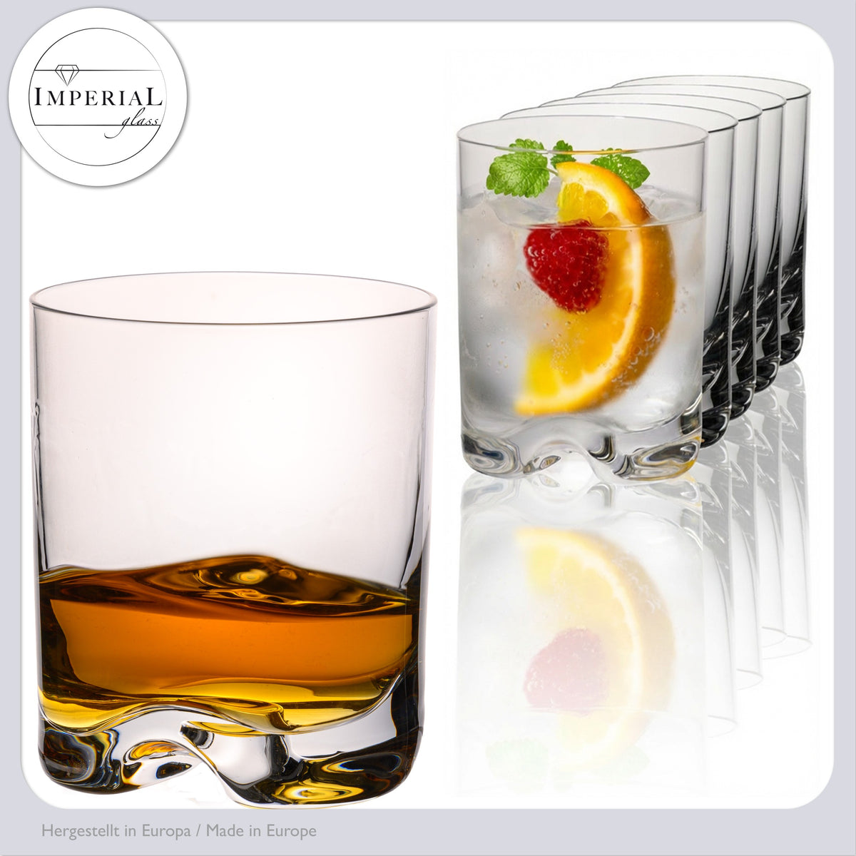 Szklanki do napojów IMPERIAL, zestaw 6 sztuk, 370 ml - szklanki do wody i whisky wykonane z bezołowiowego szkła kryształowego, można myć w zmywarce, z falistym dnem