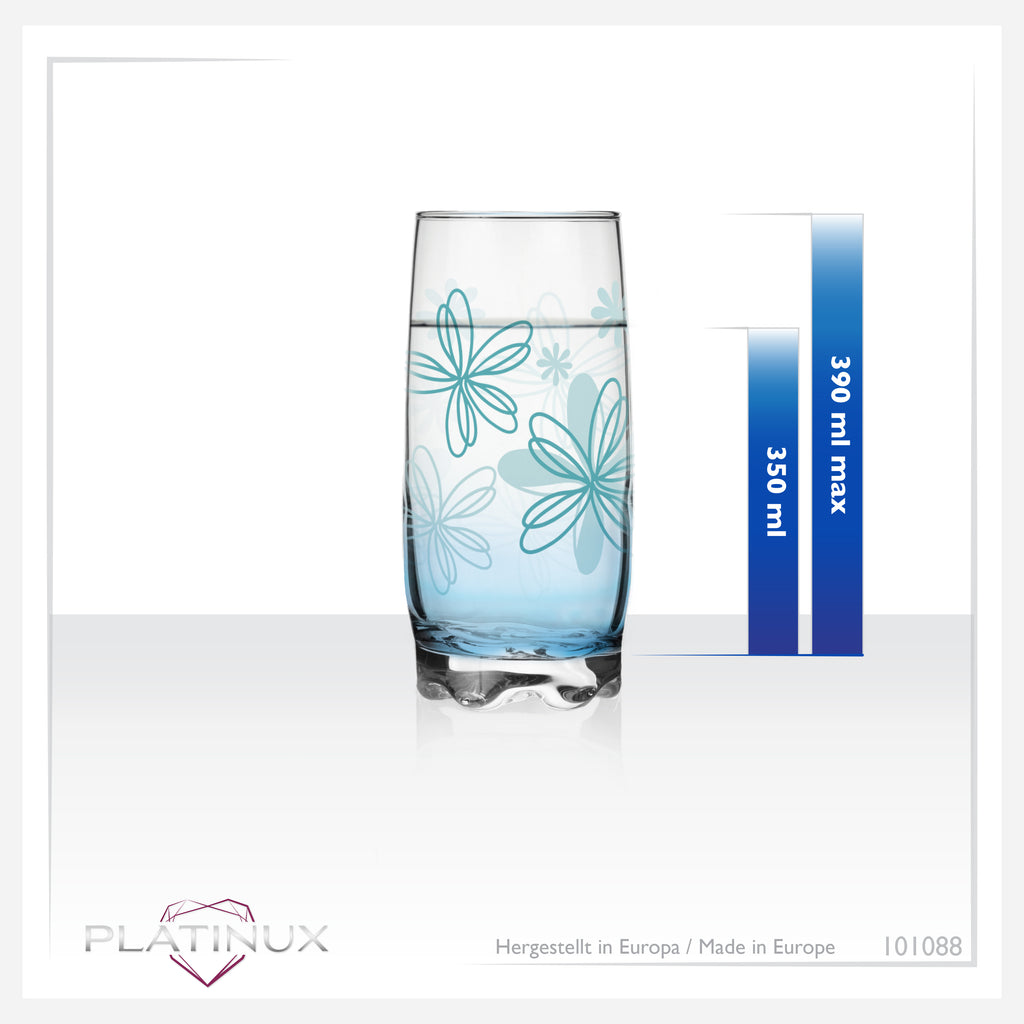 PLATINUX Szklanki z kwiatowym dekorem Zestaw 6-częściowy 350ml (maks.390ml) Szklanki do wody Szklanki do soków z profilowanym dnem